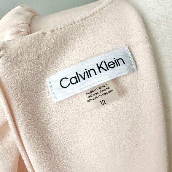 Calvin Klein Pale Peach Crepe Balloon Sleeve Belted Sheath women’s size 12 NEW - Picture 9 of 15